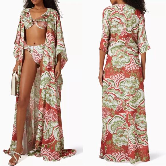 ANDREA IYAMAH Gamba Abstract Mushroom Red and Green Kimono Robe Maxi Dress - Picture 3 of 12